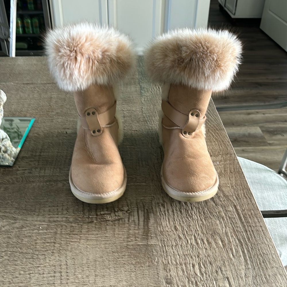 Australia Luxe Collective Beige Ankle Boots with Fluffy Trim